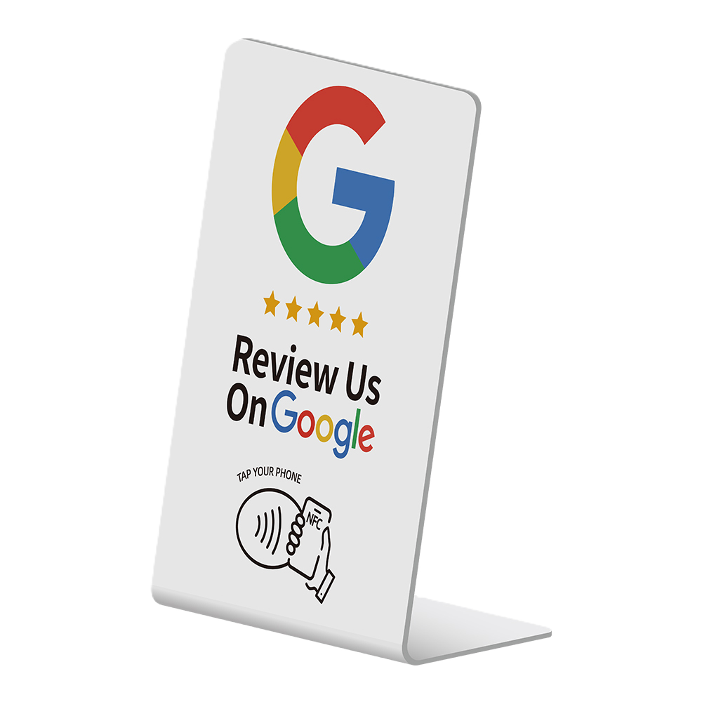 Angled front view of the white acrylic Google NFC review stand showing its L-shaped base